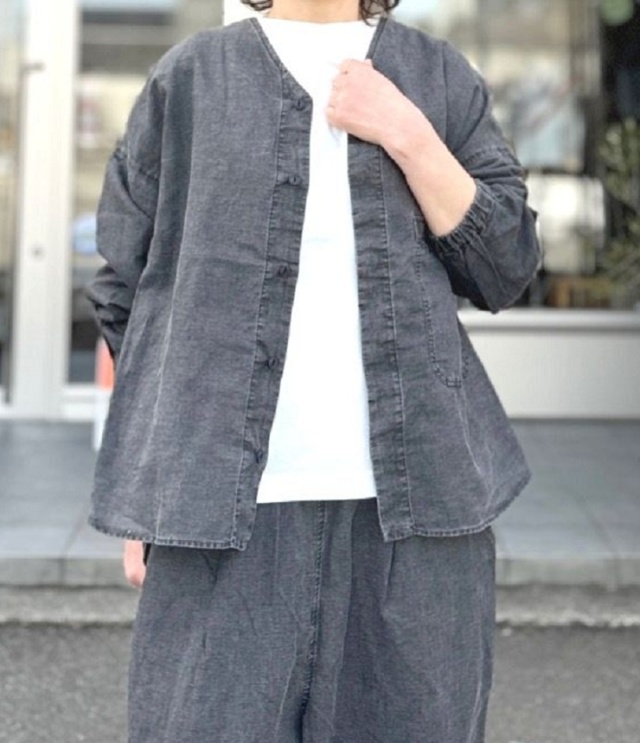 prit リネンコットン 交織平織 ピグメント加工 ノーカラー ビッグシャツ(スミクロ) P81602