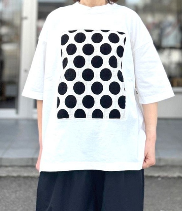 prit 17/1空紡天竺×10/1ムラ糸プリント 5分袖フレーム Tシャツ(シロ×ドット) P91638