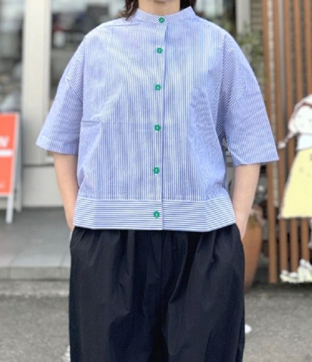mao made　配色ニットボタンバンドカラーワイドシャツ（ネイビー系）621304