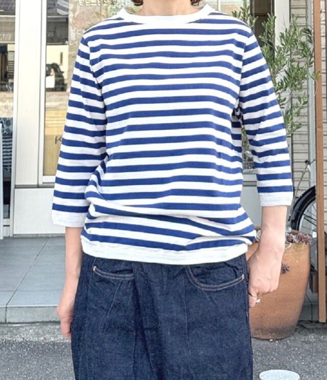 【20%OFF】BLUE LAKE MARKET　アメリカンドライ天竺 ボーダー 7分袖 プルオーバー（エクリュ×ネイビー） B-422010