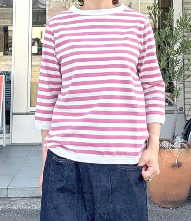 【20%OFF】BLUE LAKE MARKET　アメリカンドライ天竺 ボーダー 7分袖 プルオーバー（エクリュ×ピンク） B-422010