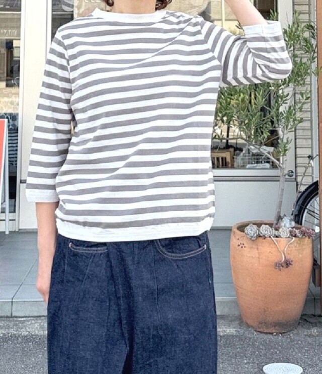 【20%OFF】BLUE LAKE MARKET　アメリカンドライ天竺 ボーダー 7分袖 プルオーバー（エクリュ×グレー） B-422010