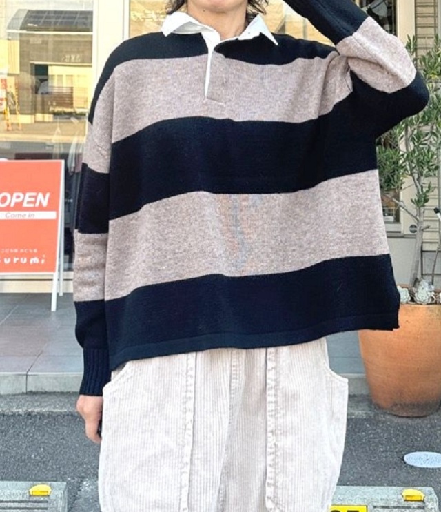 mao made ラガーマン ニット プルオーバー(ブラック×ブラウン) 551133