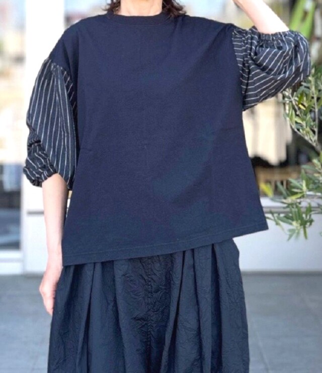 BLUE LAKE MARKET　ストライプ パフスリーブ Tee（ブラック） B-521028