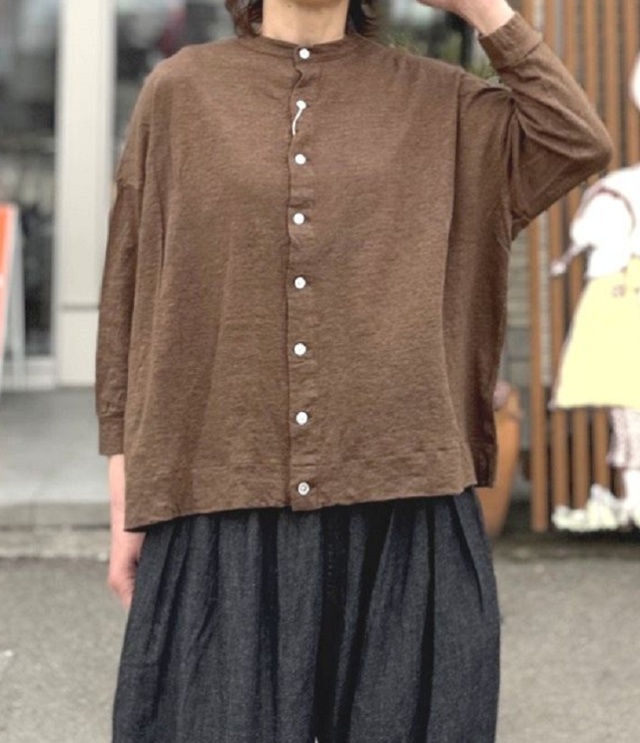 prit　40/1ヨーロッパリネン天竺 7分袖 2way ワイドカーディガン（ブラウン） P91642