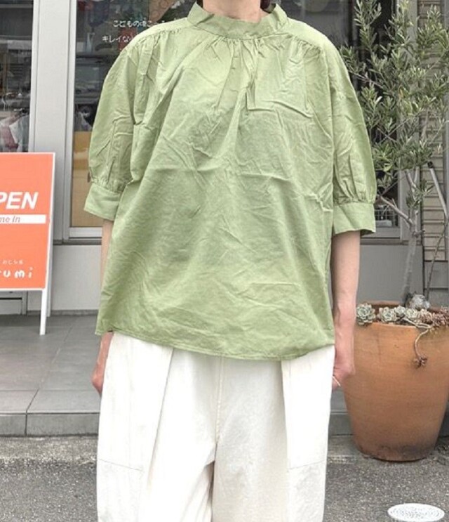 【40%OFF】80/1ローン 5分袖 スタンドカラー プルオーバー（ジェイドグリーン） P82533