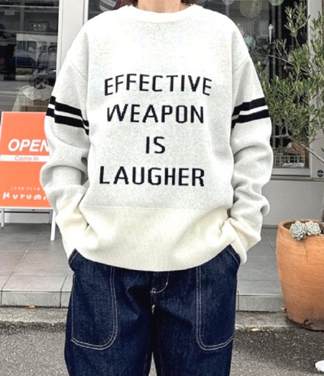 【20%OFF】BLUE LAKE MARKET　メリネスラム 12G 天竺編み　ロゴ クルーネック プルオーバー（オフホワイト） B-512029