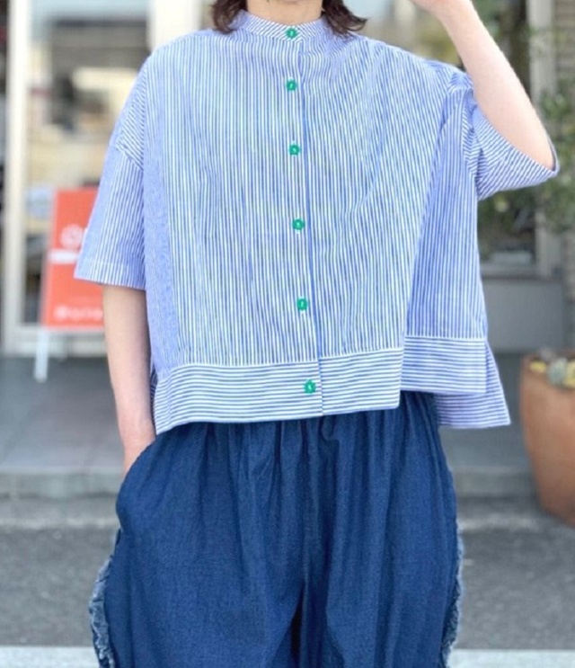 mao made　配色ニットボタンバンドカラーワイドシャツ（ネイビー系）621304