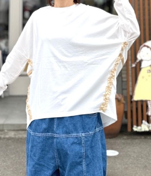 REHERSALL　コクーン フリル ロンTee（ホワイト/ベージュ）  WT-1149