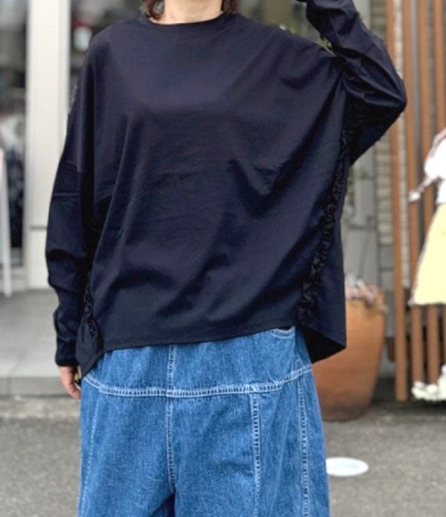 REHERSALL コクーン フリル ロンTee(ブラック/ブラック) WT-1149