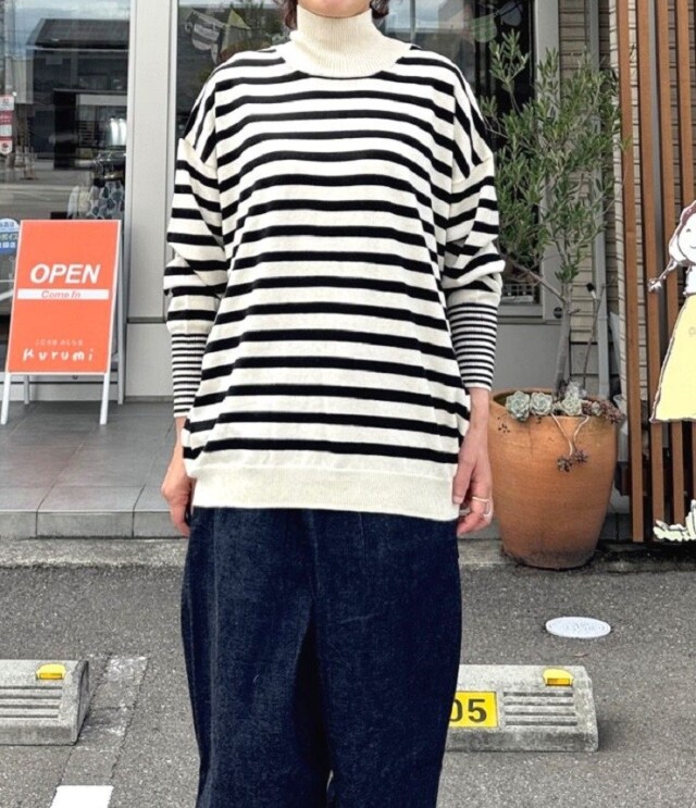 prit 2/32コットンウール 12G天竺編み ボーダー タートルネック ワイド