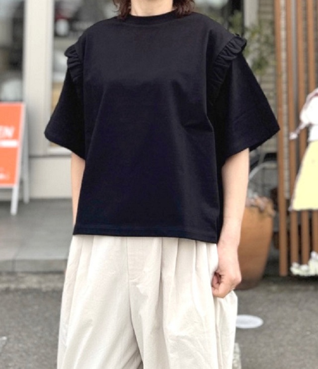 euphoric　Frill T-shirt Tops  フリル Tシャツ（ブラック） EU-CT6113