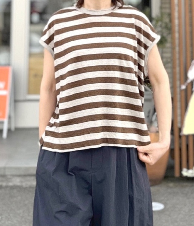 prit　40/1ヨーロッパリネン天竺ボーダー オーバーサイズ オーバーベスト（生成×ブラウン） P91648