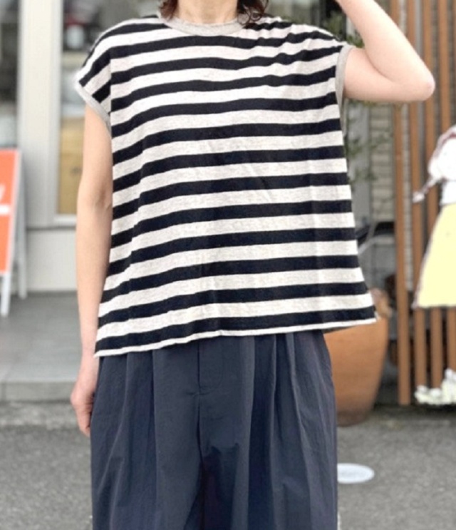 prit　40/1ヨーロッパリネン天竺ボーダー オーバーサイズ オーバーベスト（生成×クロ） P91648