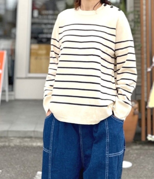 mao made スタンダード ボーダー ゴム編み プルオーバー(オフ×ネイビー)641116