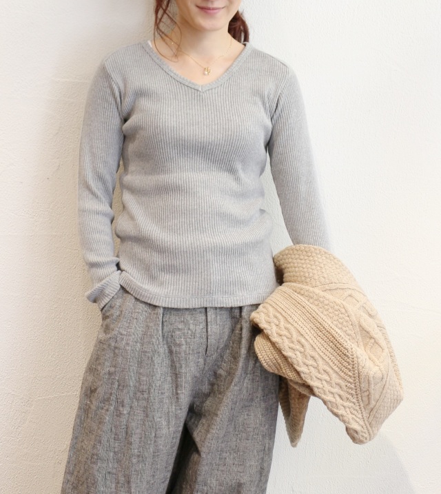 【60%OFF】Sabbatum　ポスケットテレコVネックロンＴｅｅ（グレー）