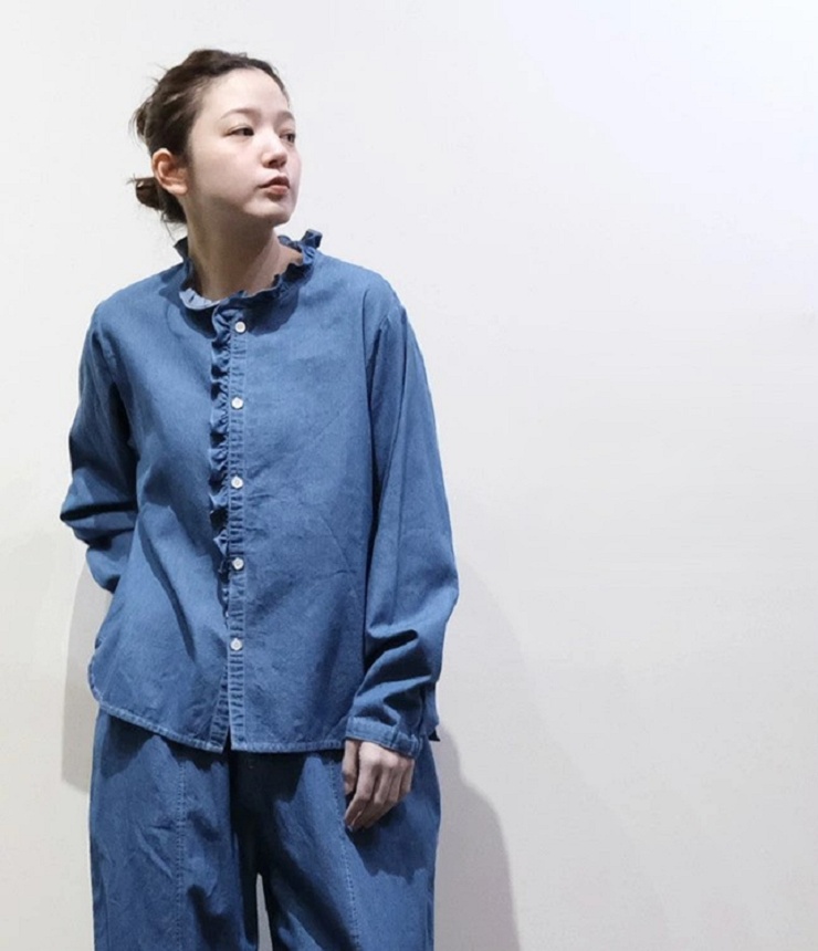 vent blanc　4.5OZ DENIM フリルシャツブラウス（ブリーチ）VB263530