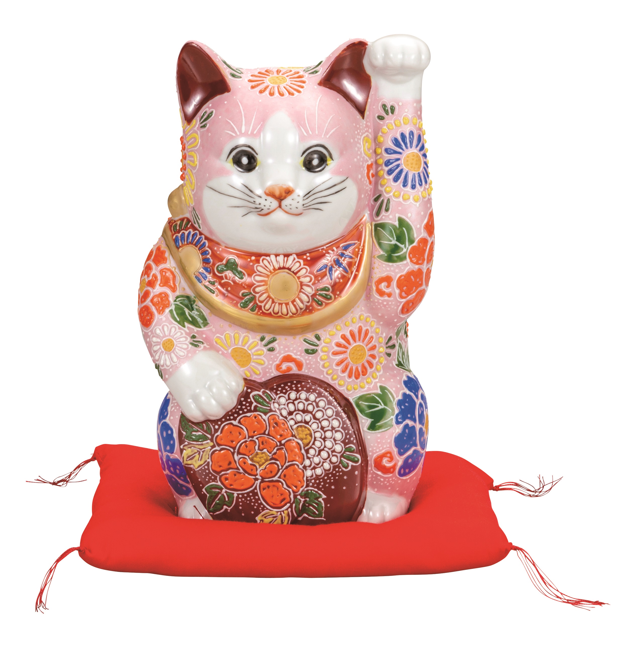 【激安通販オンラインショップ】 九谷焼 ] 座布団付 [ ピンク盛（左手上げ） 7号小判招猫 置物
