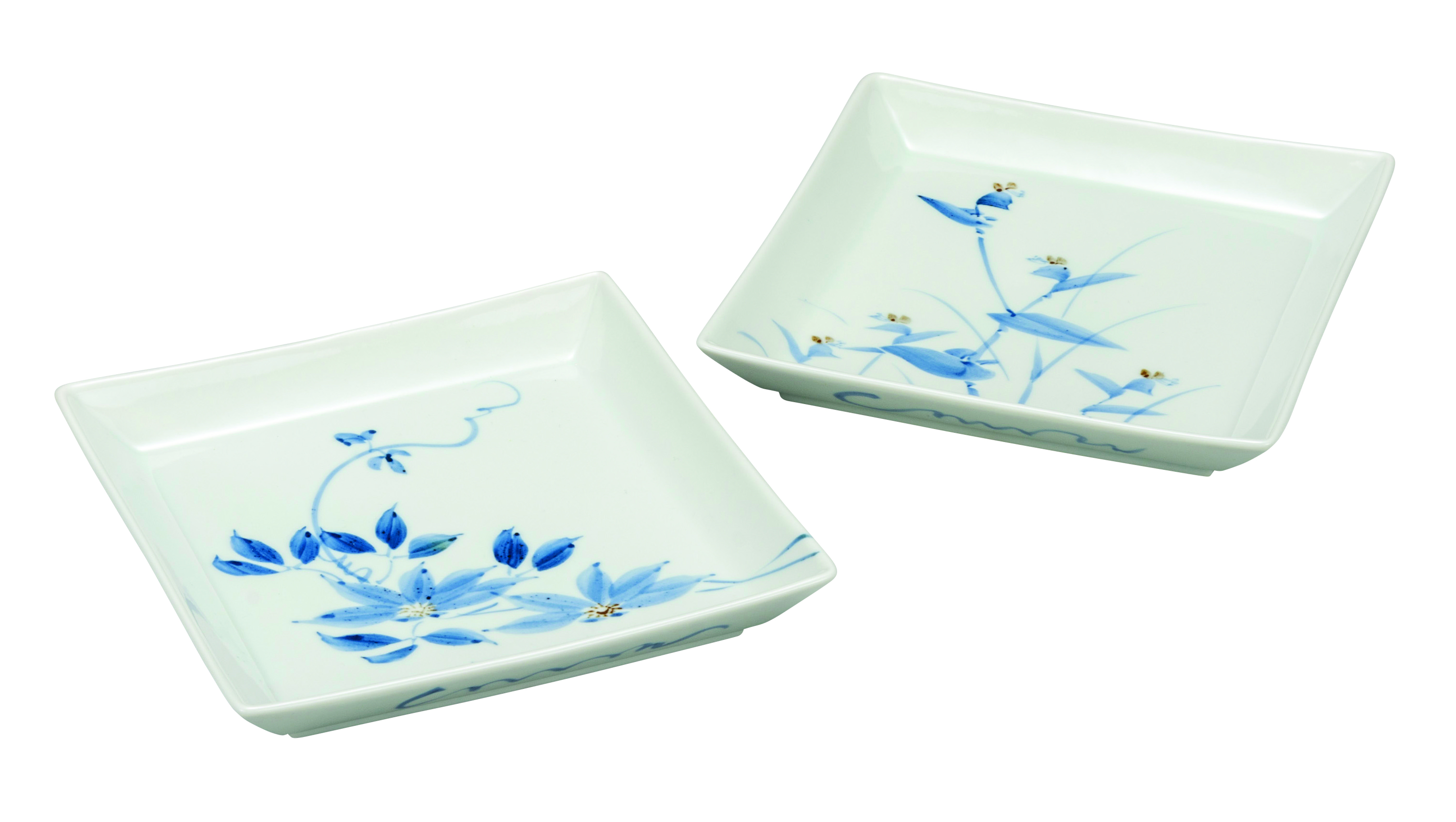 九谷焼　ペア角皿（2枚組）　染付草花文　[九谷祥]