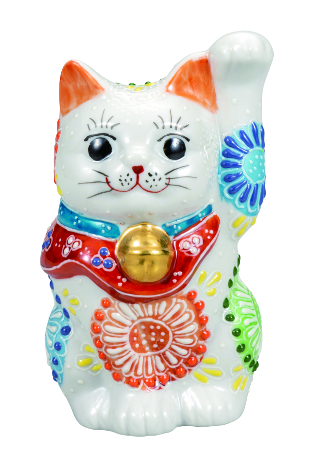 九谷焼　3.3号招猫　白盛（左手上げ）9-1565