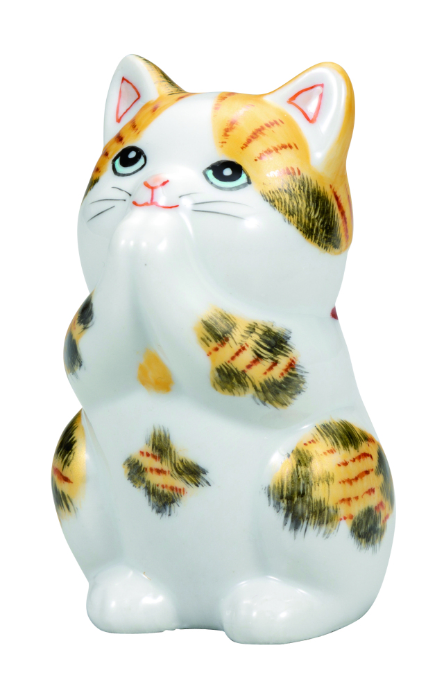 九谷焼　3.2号お祈り猫　金彩三毛 9-1589