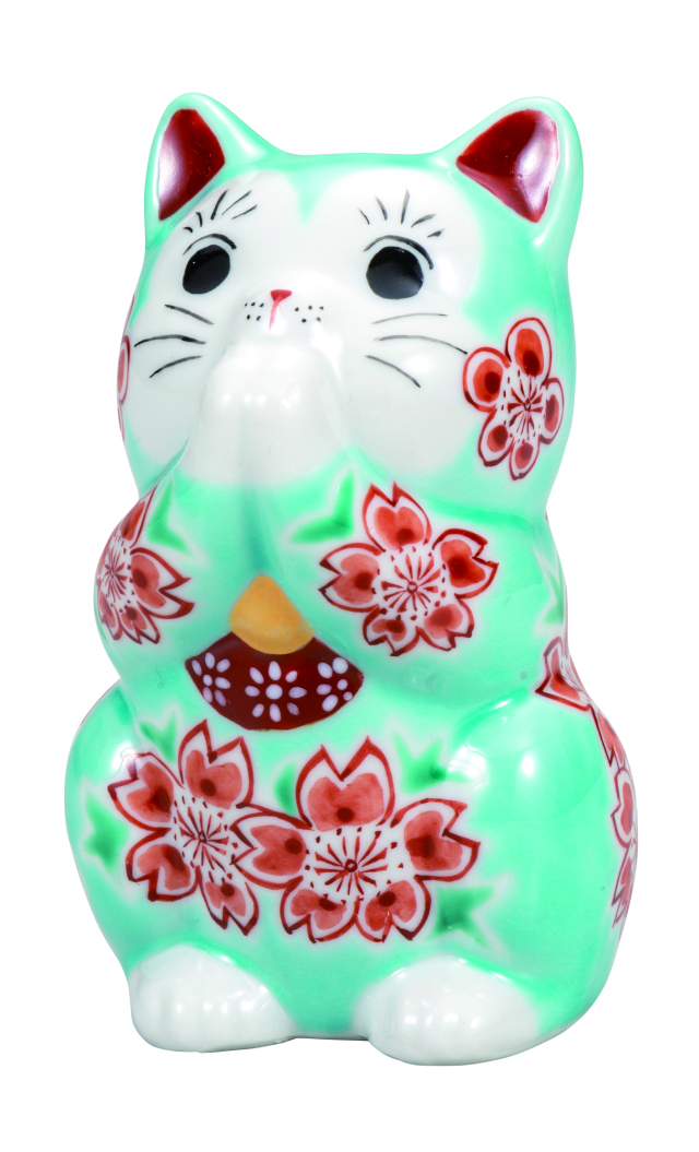九谷焼　3.2号お祈り猫　トルコ青釉桜 9-1600