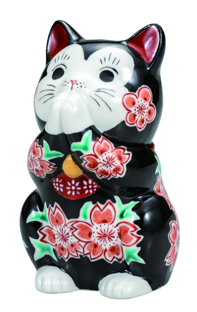 九谷焼　3.8号お祈り猫　黒釉桜 9-1608