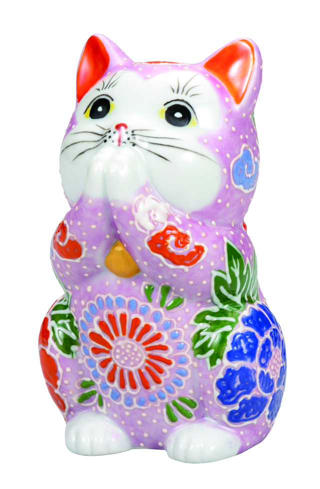 九谷焼　3.8号お祈り猫　ピンク盛 9-1614