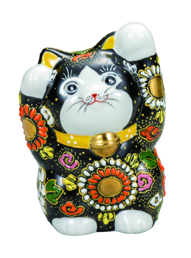 九谷焼　4号両手招猫　黒盛 9-1626