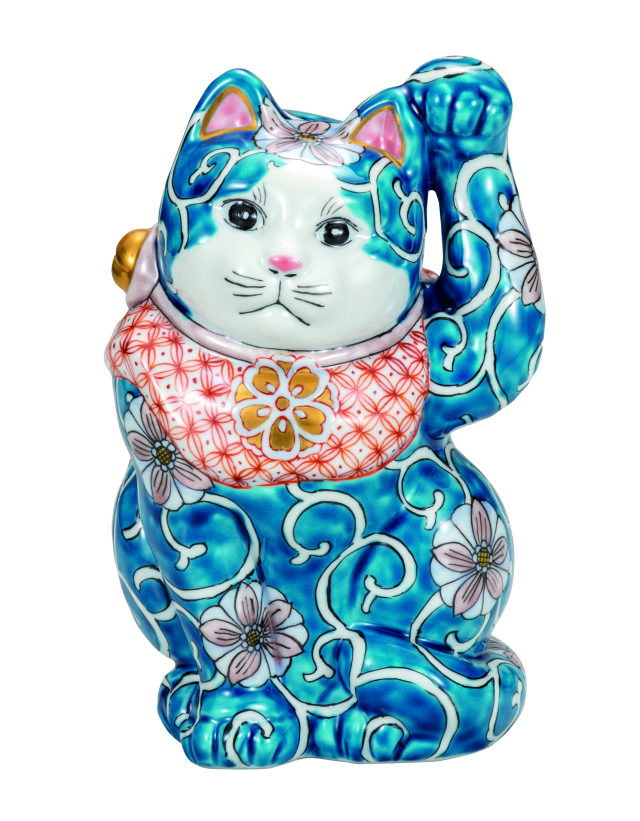九谷焼　6.5号招猫　色絵唐草（左手上げ）9-1653