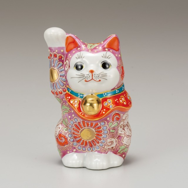 九谷焼　4号招猫　ピンク盛（右手上げ）9-1584
