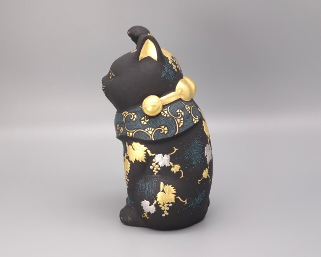 6号招猫（右手上げ） 白金盛渦打青粒葡萄図（台・木札付） [ 三代 仲田