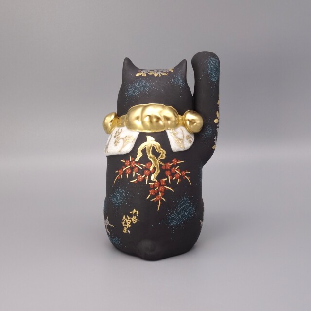 九谷焼5.2号招猫（右手上げ） 白金盛渦打青白粒（木札付） [ 三代 仲田
