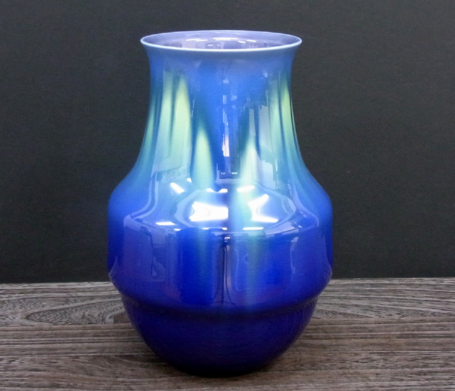 人間国宝 三代目 徳田八十吉 碧明耀彩 鶴首瓶 花入 7号