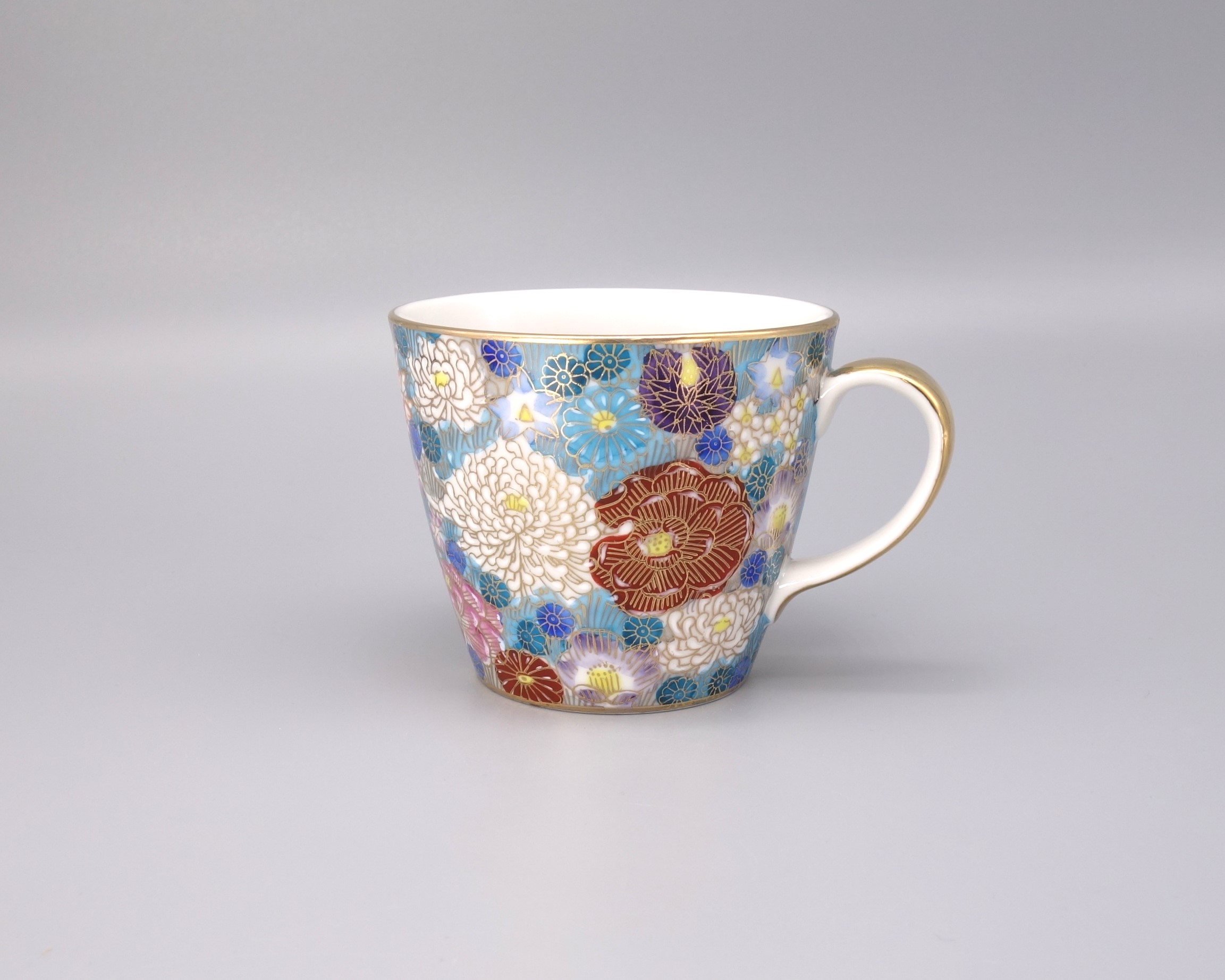 茶道具 九谷焼 花詰コーヒーカップ 金彩色絵 章山作 手描き 未使用美品 蔵出し マグカップ 本金花詰（ピンク/オレンジ/グリーン/ブルー/グレー