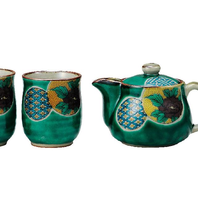 九谷焼ギフト ご贈答品 御祝い 九谷焼くつろぎ揃 グリーン丸紋 （網付）