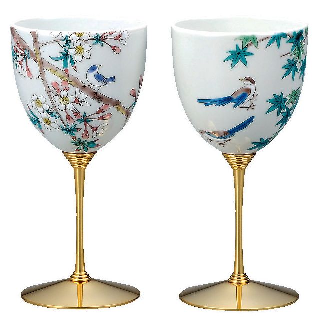九谷焼ギフト ご贈答品 御祝い 九谷焼ペアワインカップ 小鳥春秋