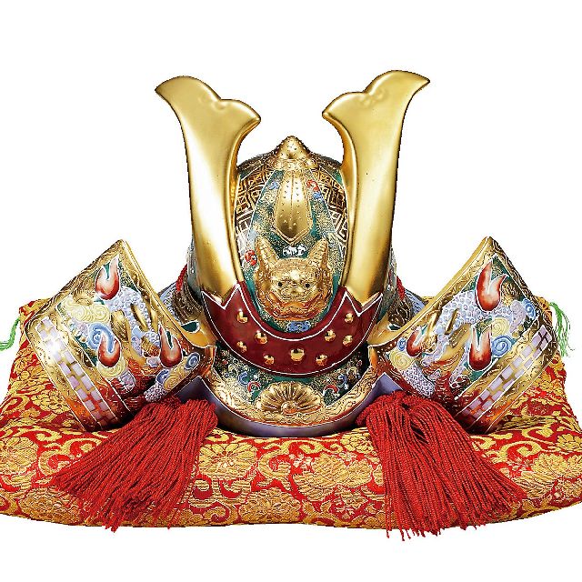 九谷焼ギフト 端午の節句 初節句御祝い 九谷焼10号兜 金彩錦盛 （布団・立札付）