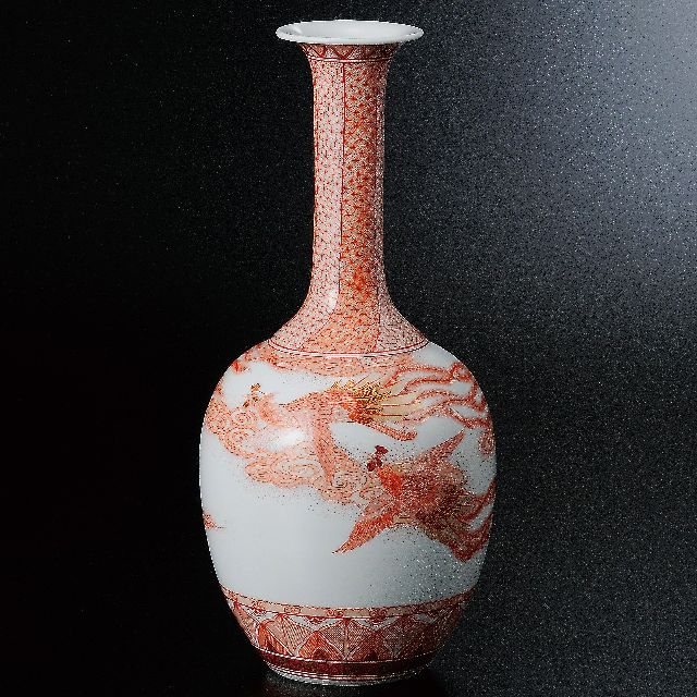 九谷焼作家 ギフト ご贈答品 御祝い九谷焼9号花瓶 赤絵瑞鳥紋 福島武山