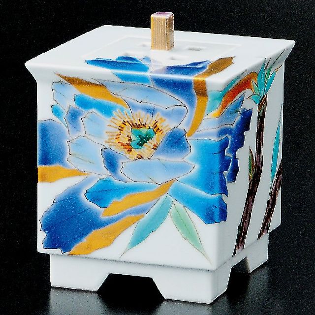 九谷焼作家 ギフト ご贈答品 御祝い九谷焼4.5号香炉 色絵牡丹 山岸大成