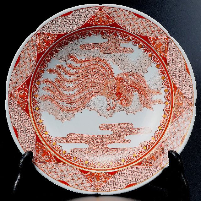 九谷焼13.5号飾り壷「赤絵小紋割取」佐野青葉作共箱入り