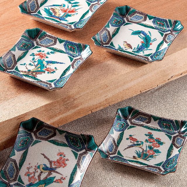 九谷焼ギフト ご贈答品 御祝い 九谷焼4.2号皿揃 古九谷風花鳥絵変り
