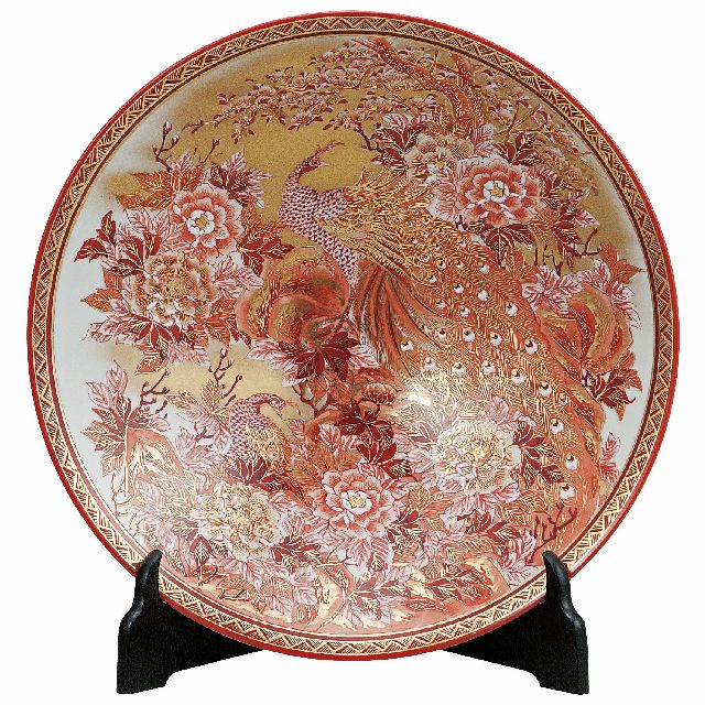 九谷焼ギフト ご贈答品 御祝い九谷焼12号飾皿 本金赤牡丹孔雀（皿立付） 高明