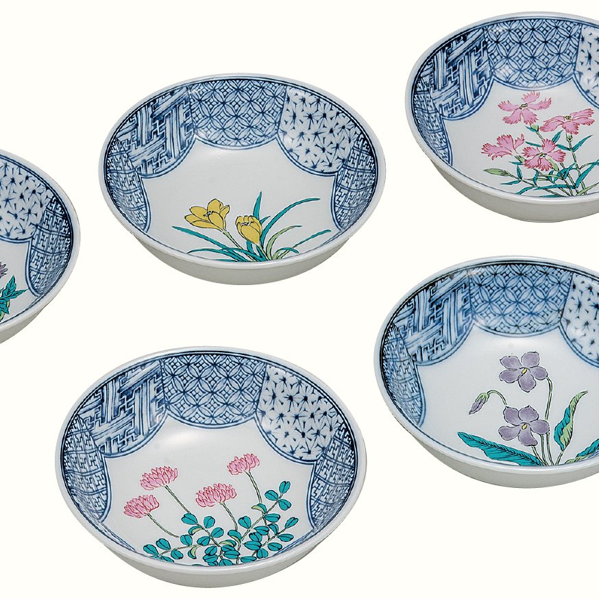 九谷焼ギフト ご贈答品 御祝い 九谷焼4.5号小鉢揃 草花絵変り