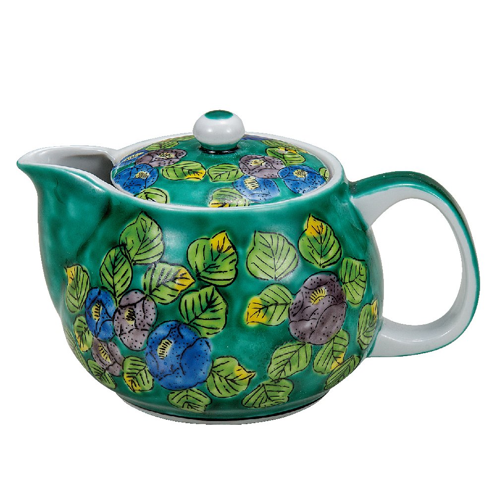 九谷焼ギフト ご贈答品 御祝い 九谷焼ポット急須 グリーン椿 （網付）