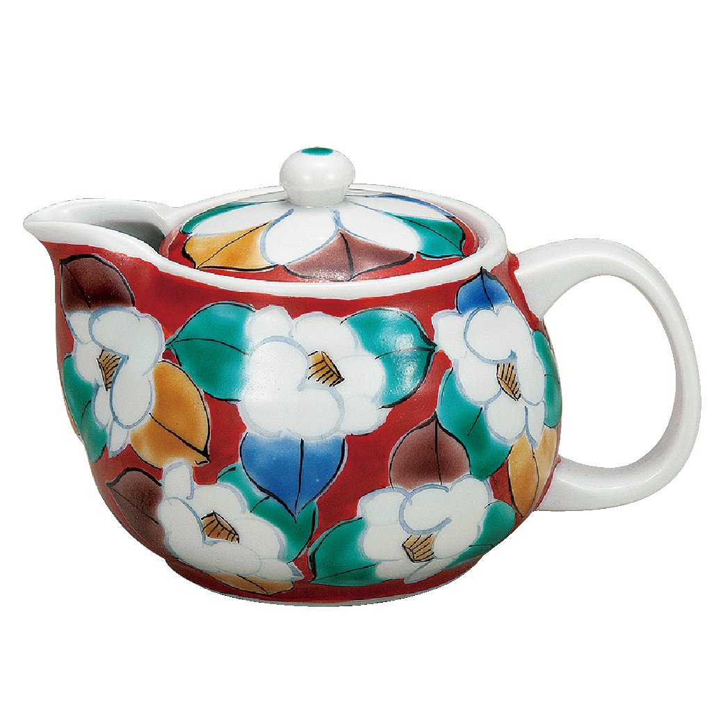 九谷焼ギフト ご贈答品 御祝い 九谷焼ポット急須 朱地椿 （網付）