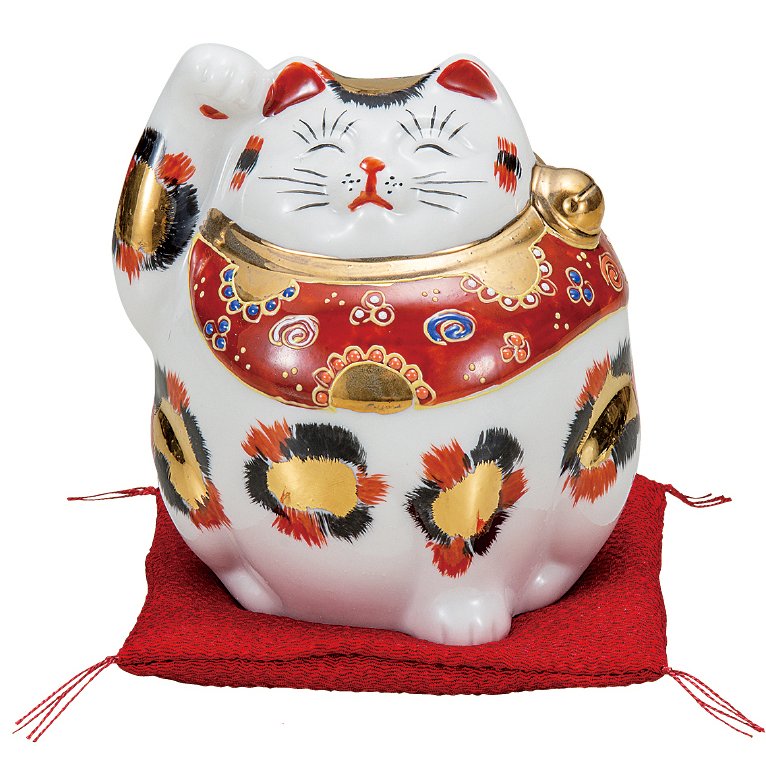 九谷焼ギフト ご贈答品 御祝い 九谷焼4号招き猫 金三毛（布団付）