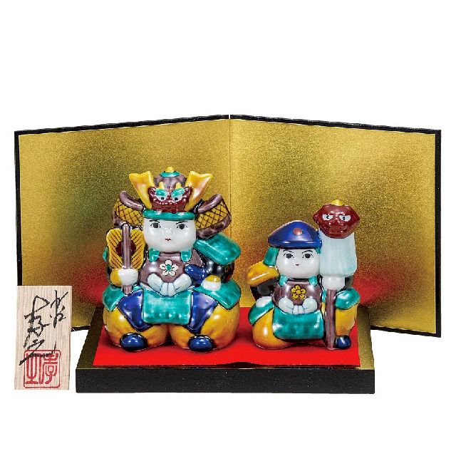 九谷焼ギフト 端午の節句 初節句御祝い 九谷焼3.5号武者人形揃 色絵青九谷（台・敷物・立札・屏風付） 糠川孝之