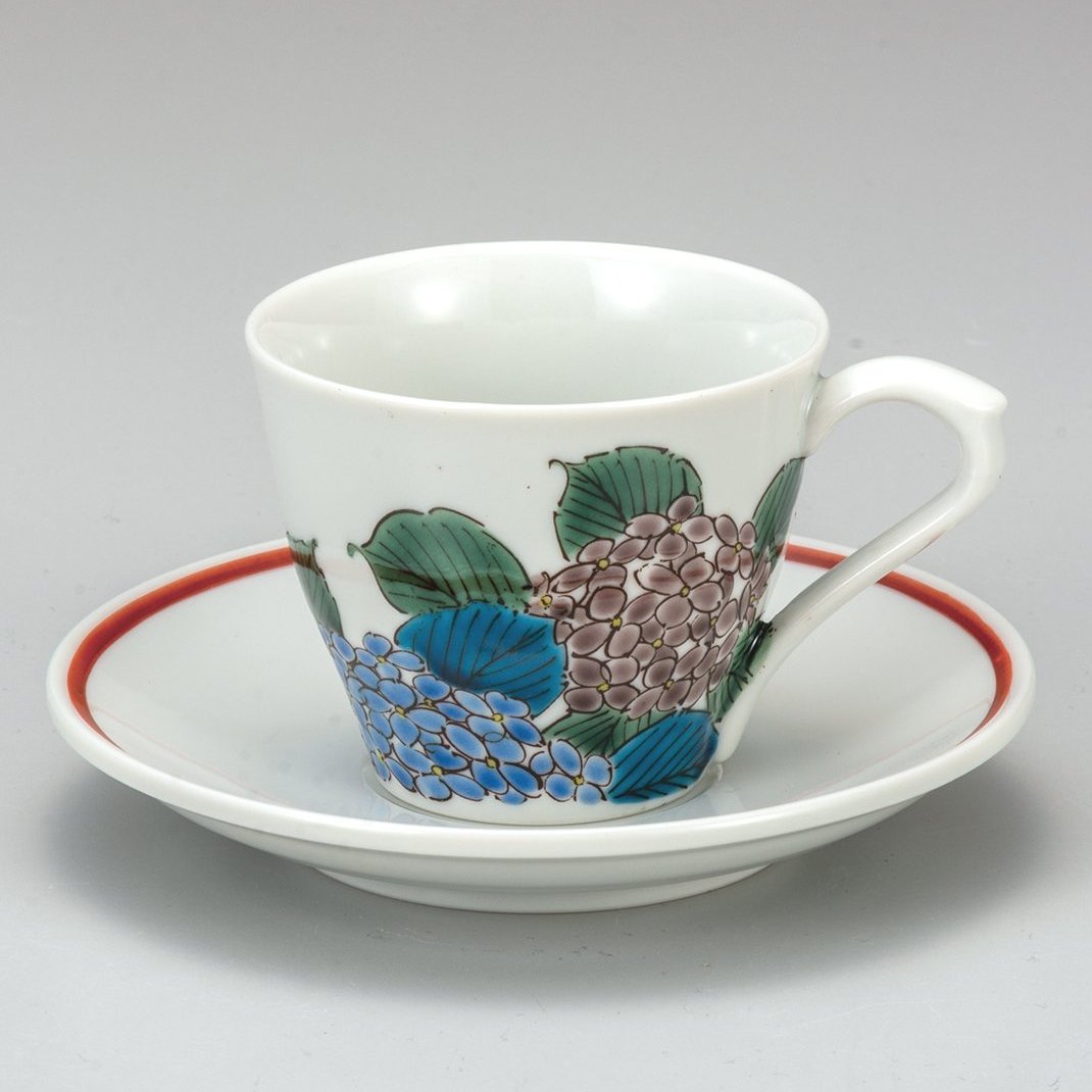 九谷焼高級ギフト ご贈答品 九谷焼カップ ソーサー あじさい 九谷焼販売のうつわの五彩庵