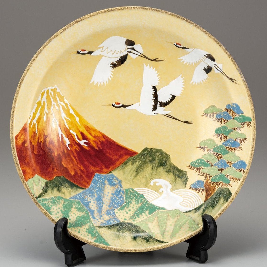 九谷焼ギフト ご贈答品 御祝い九谷焼10号飾皿 赤富士に鶴（皿立付） 古田弘毅